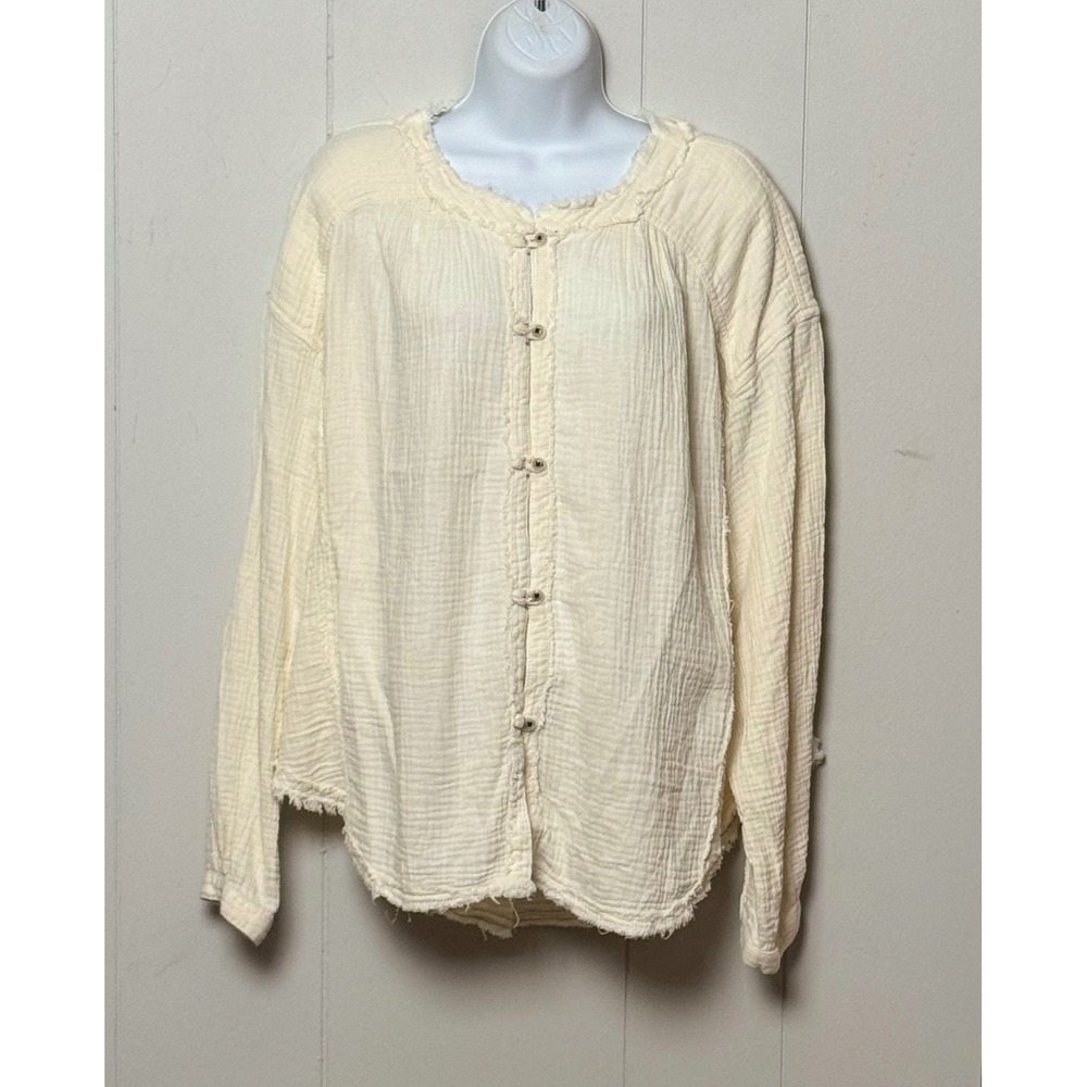 Free People We The Free Ivory Cotton Gauze Raw Edge Button Down Top Size Medium